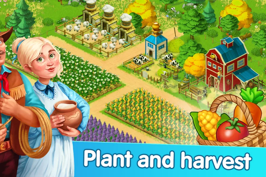 Homesteads: Dream Farm screenshot: settlers standing in front of ploughed fields, sheep pens and a red barn