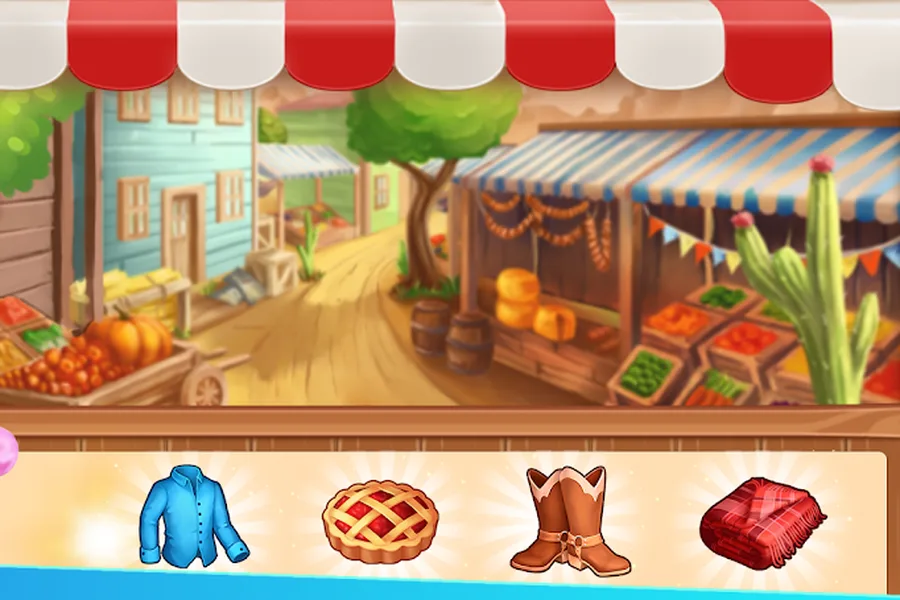 Homesteads: Dream Farm screenshot: market stalls and wooden storefronts along the dirt street of a frontier town