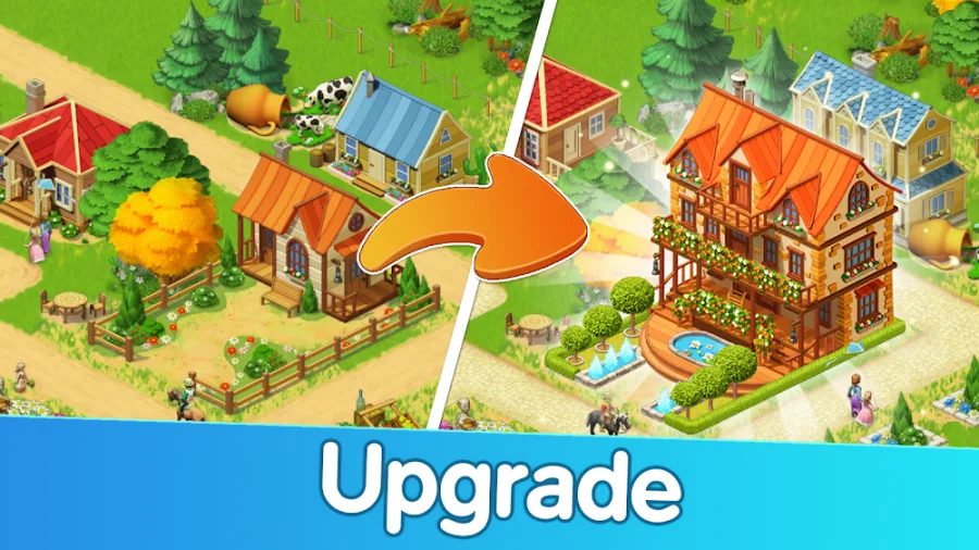Homesteads: Dream Farm screenshot comparing a small settler cabin with the same plot after it is rebuilt into a large house