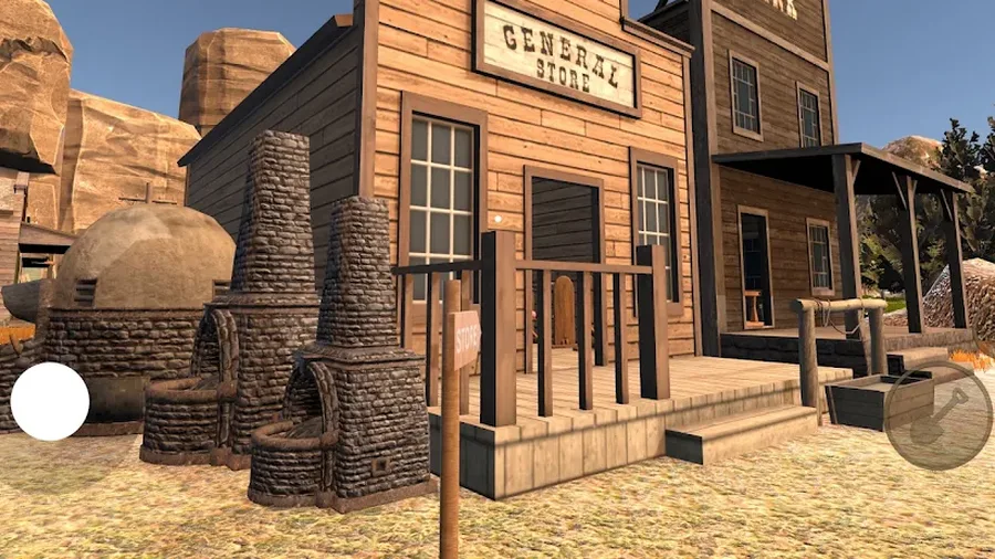 Wild West Miner - Gold Rush screenshot: the General Store of a wooden western town standing among red canyon rocks, with stone kilns in the yard in front of it