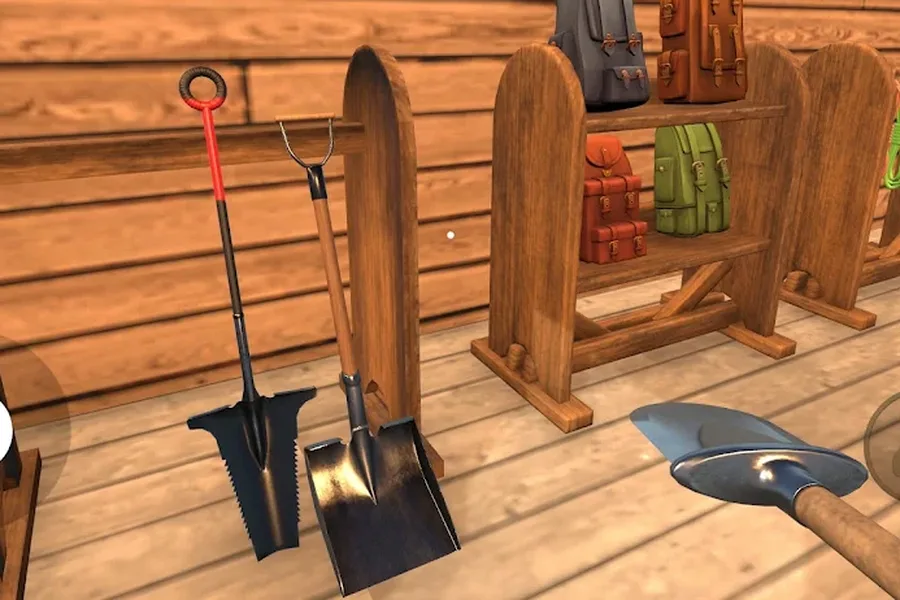 Wild West Miner - Gold Rush screenshot: the General Store wall of a western town hung with shovels, a gold pan and prospecting packs