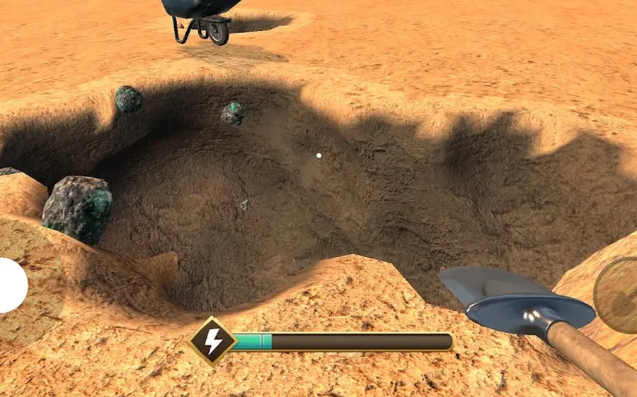 Wild West Miner - Gold Rush screenshot: a pit dug into the canyon floor with ore-flecked stones around its rim, a shovel in the prospector&rsquo;s hands and a wheelbarrow parked at the edge
